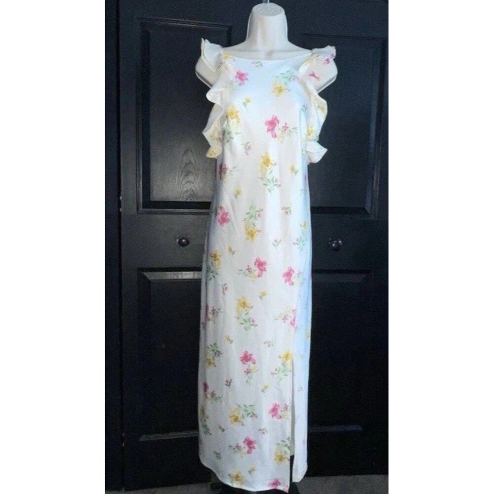A New Day White Floral Ruffle Sleeve Maxi Dress S Slit Summer Wedding Guest